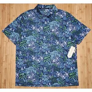Rorie Whelan Golf Performance Polo Shirt Men Floral Tropical Blue Size XL Preppy